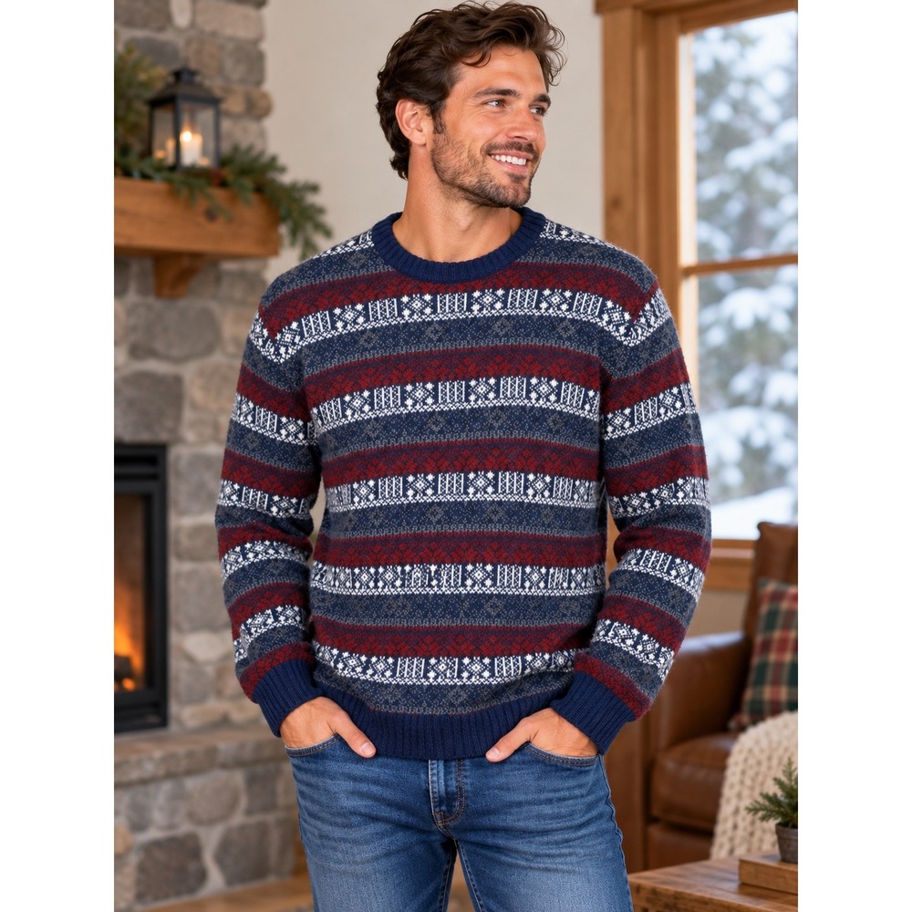 VTG Lands End Canvas Lambswool Fair Isle Crewneck Sweater Blue Red Mens Large